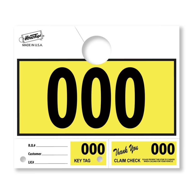 Versa-Tags Car Dealer 1000 Hang Tags - Service Dispatch Numbers for Mechanics and Repair Shops, 3-Part Design Yellow Prenumbered (000-999) - Image 1